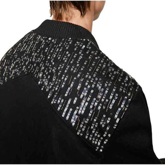 Zara Sequin Bomber Jacket Full Zip Black Denim - Picture 4 of 16